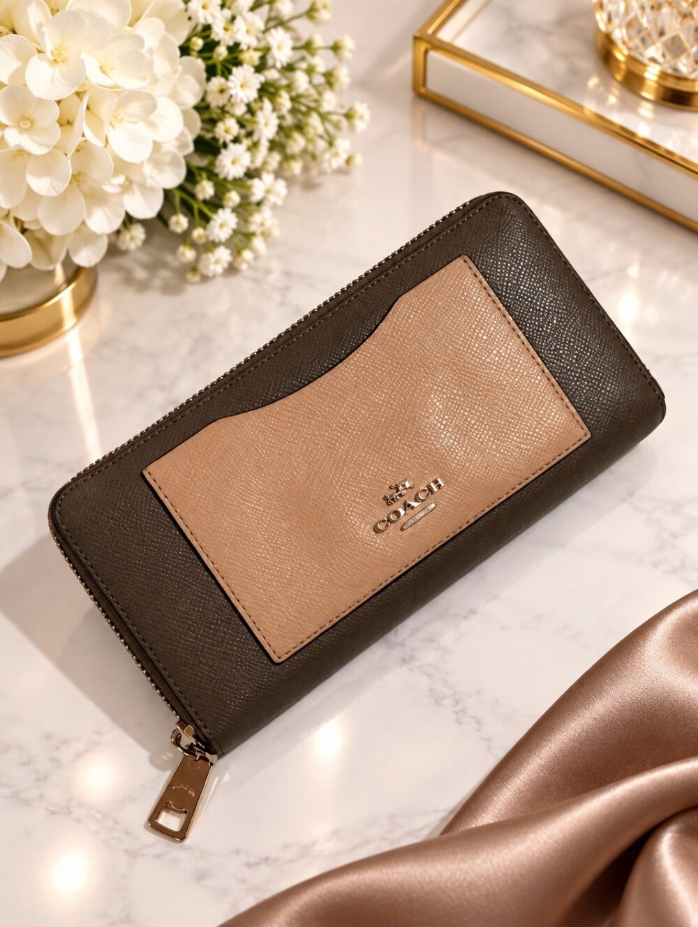 Coach Dual-Tone Brown & Tan Crossgrain Leather Zip Around Wallet